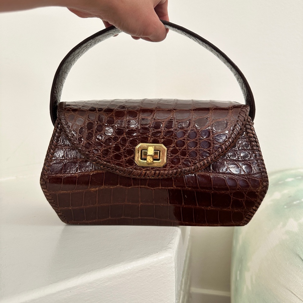 Vintage 🤎 Croc-Embossed Brown Leather Top-Handle Bag - Picture 8 of 10